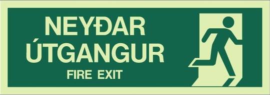 A bilingual fire exit sign in Iceland, displaying the Icelandic word 