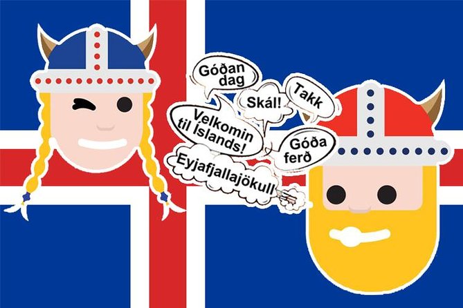 A colorful cartoon illustration featuring Viking characters against the Icelandic flag, showcasing common Icelandic phrases like 