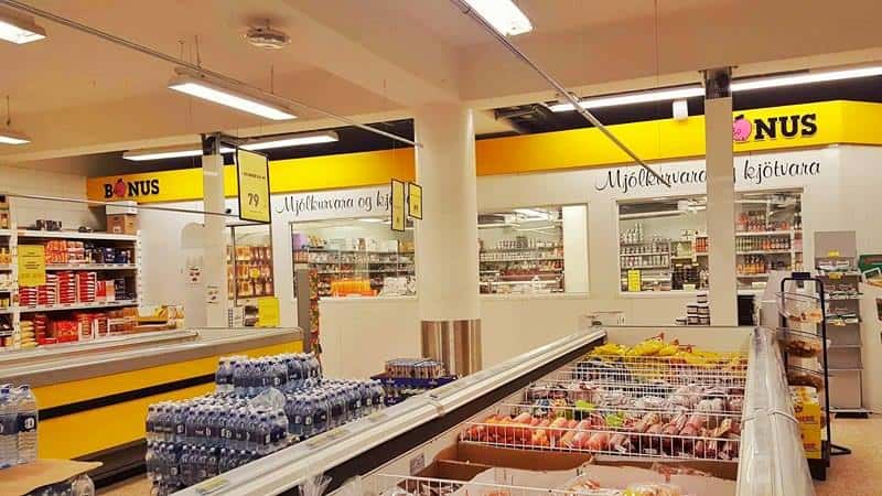 The interior of a Bónus supermarket in Iceland, known for its affordable groceries and essential items for travelers